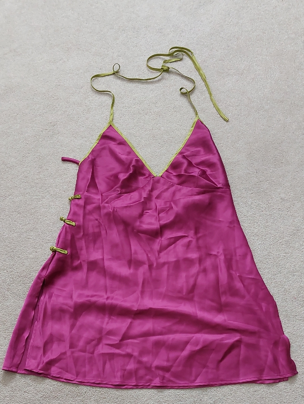 Fuchsia Satin Halter Slip Dress with Lime Trim Babydoll